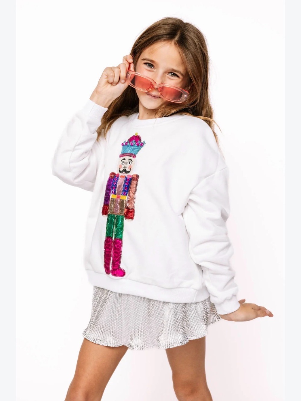 QUEEN OF SPARKLES White Sequin Nutcracker Sweatshirt with Multicolor Applique